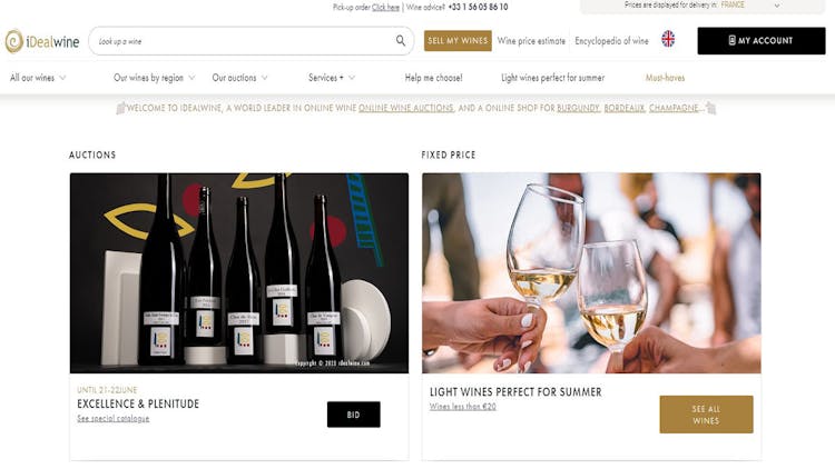 iDealwinés homepage where you can buy wines in auction and at a fixed price