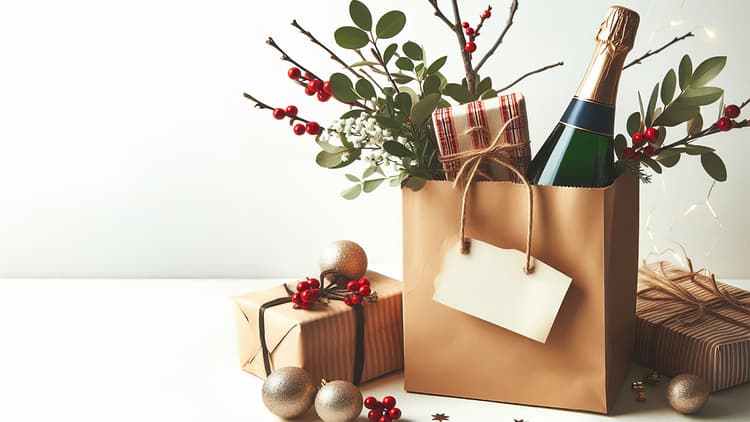 A bottle of Champagne in a gift bag decorated with winter foliage