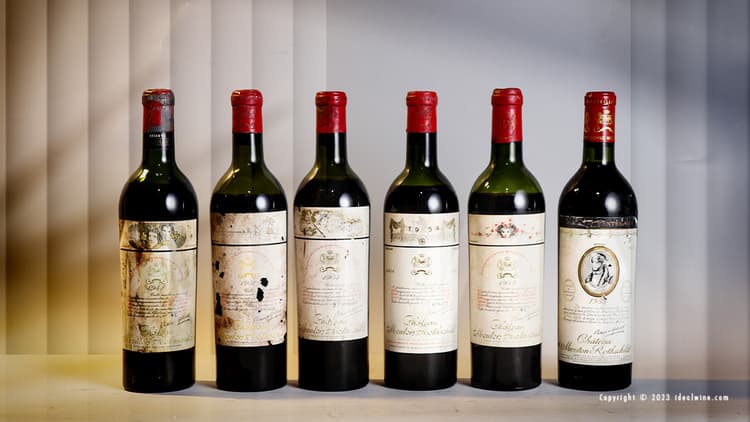 Old vintages of Mouton Rothschild with their artistic labels