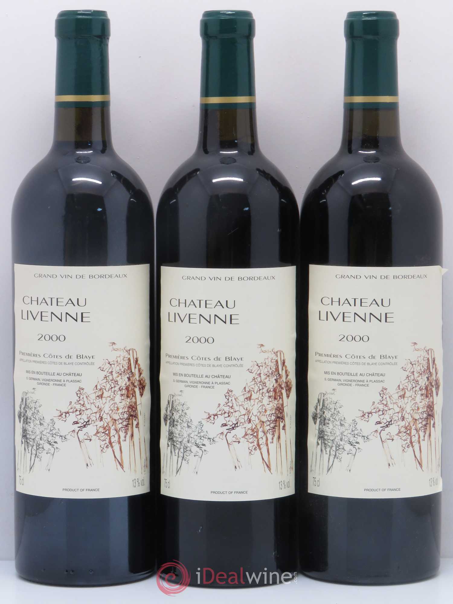 Premières-Côtes-de-Blaye (Blaye-Côtes-de-Bordeaux) Château Livenne (sans prix de réserve) 2000 - Lot de 3 bouteilles - 0