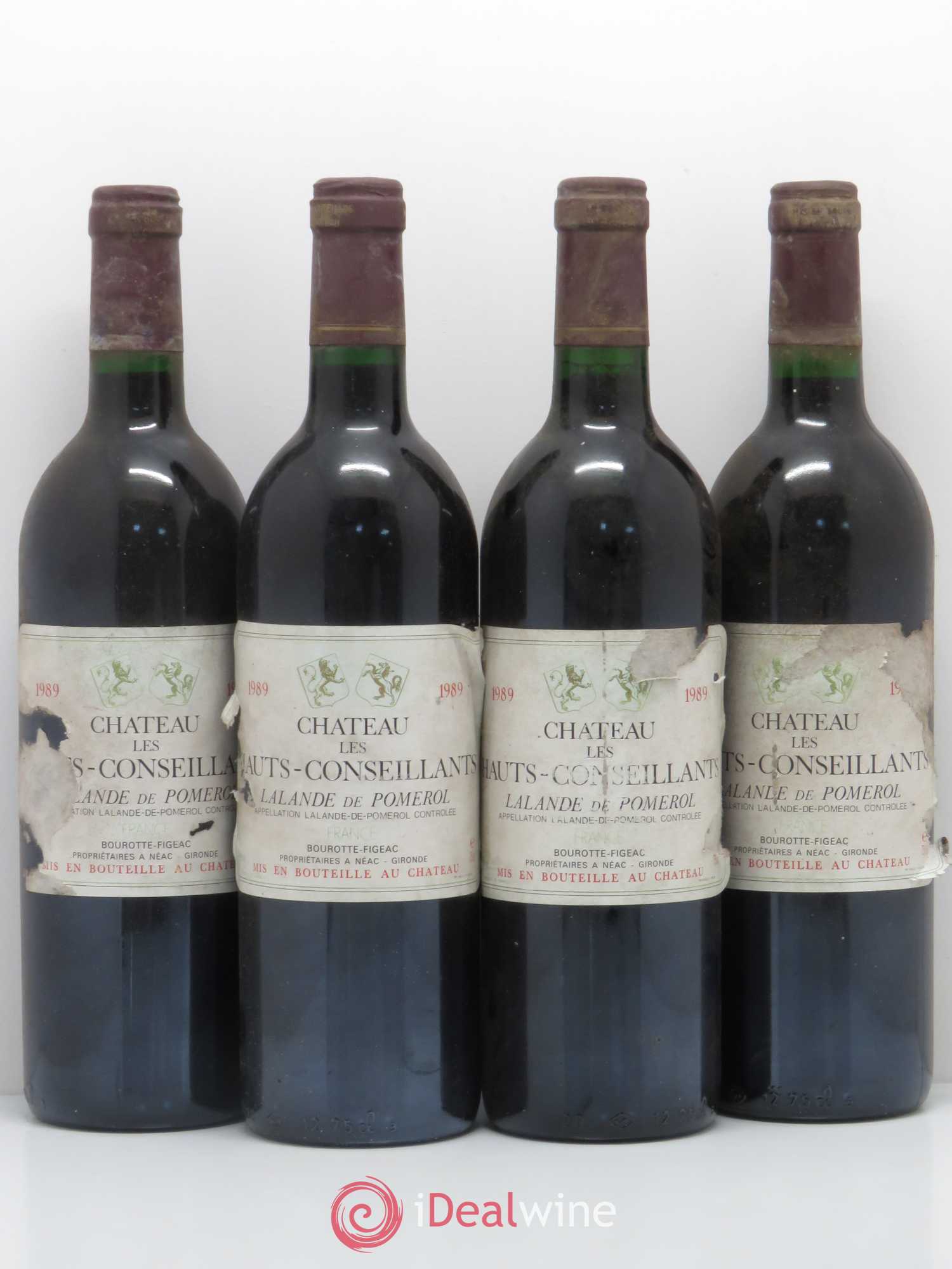 Bordeaux Chateau Les Hauts-Conseillants Lalande de Pomerol 1989 - Lot de 4 bouteilles - 0