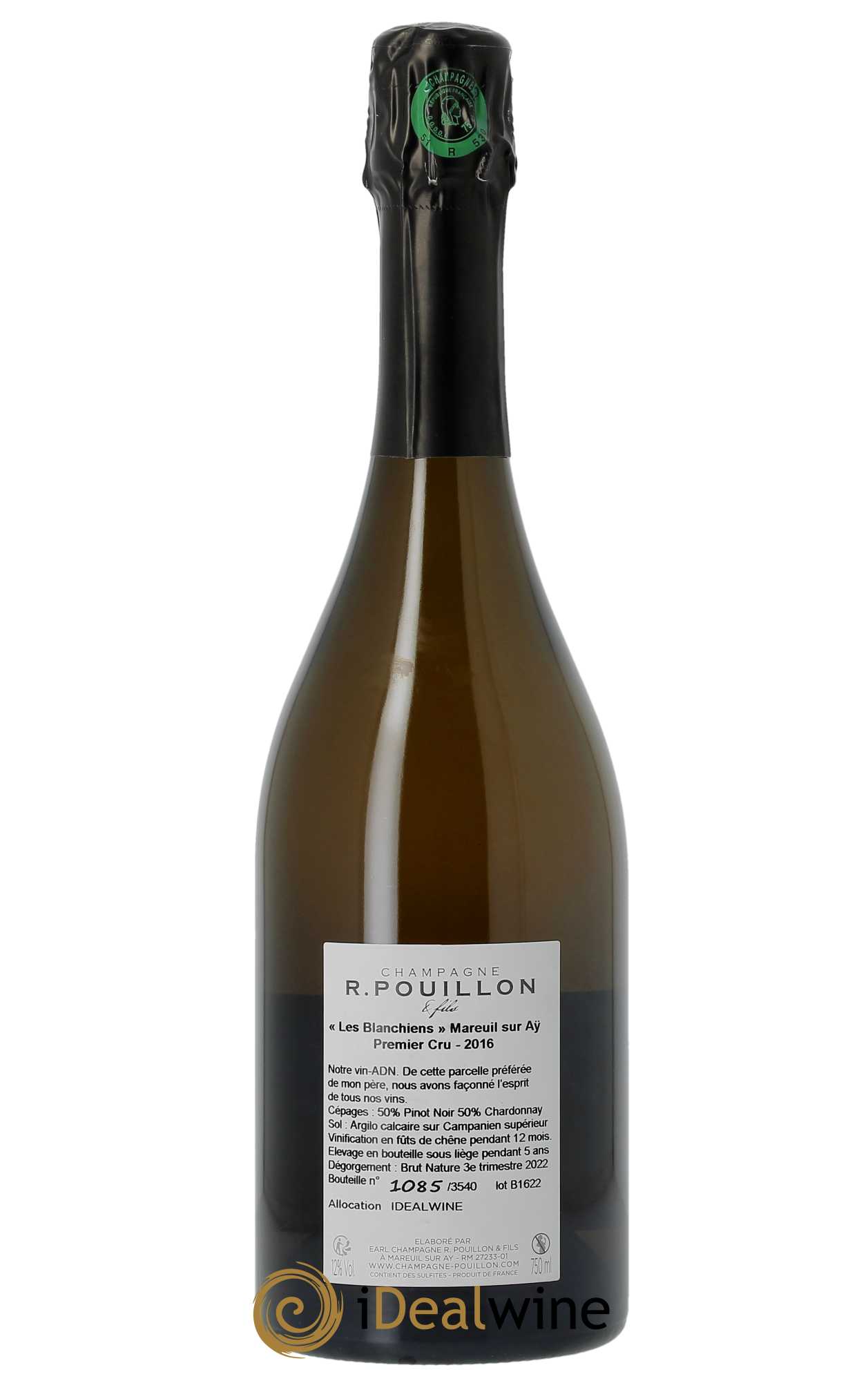 Premier Cru Les Blanchiens Brut Nature  R. Pouillon & fils 2016 - Lotto di 1 bottiglia - 1