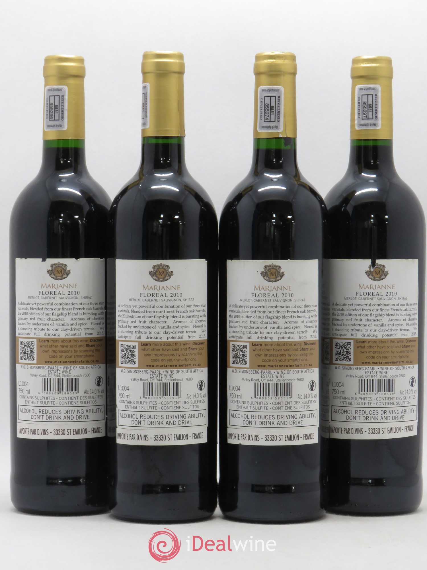 Vins Etrangers Afrique du Sud Floréal Marianne Wine Estate  2010 - Lot de 4 bouteilles - 1