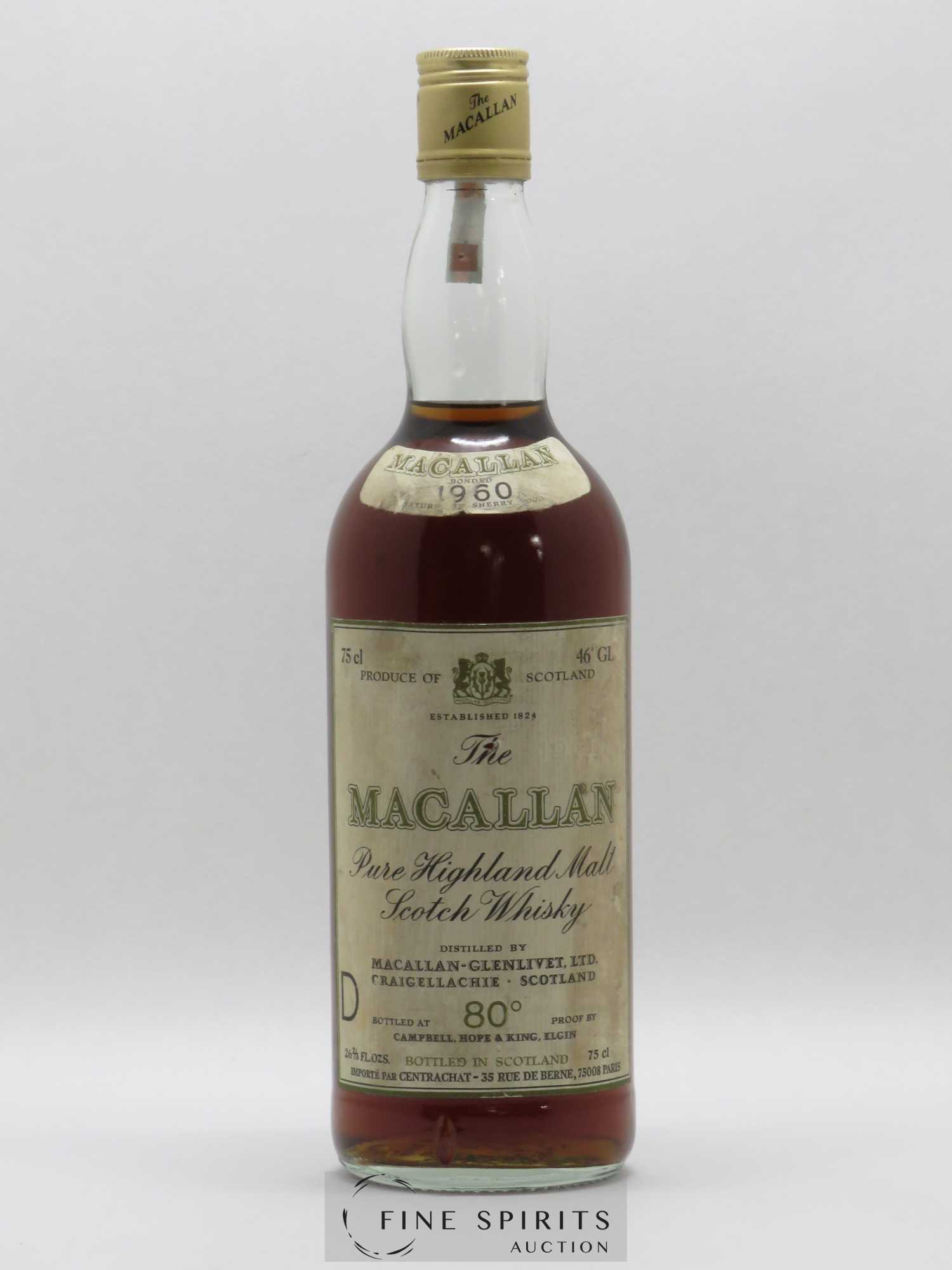 Macallan (The) 1960 Campbell, Hope and King, Elgin Sherry Wood Matured Import by Centrachat, Paris bottled at 80° Proof - Lot de 1 bouteille - 0