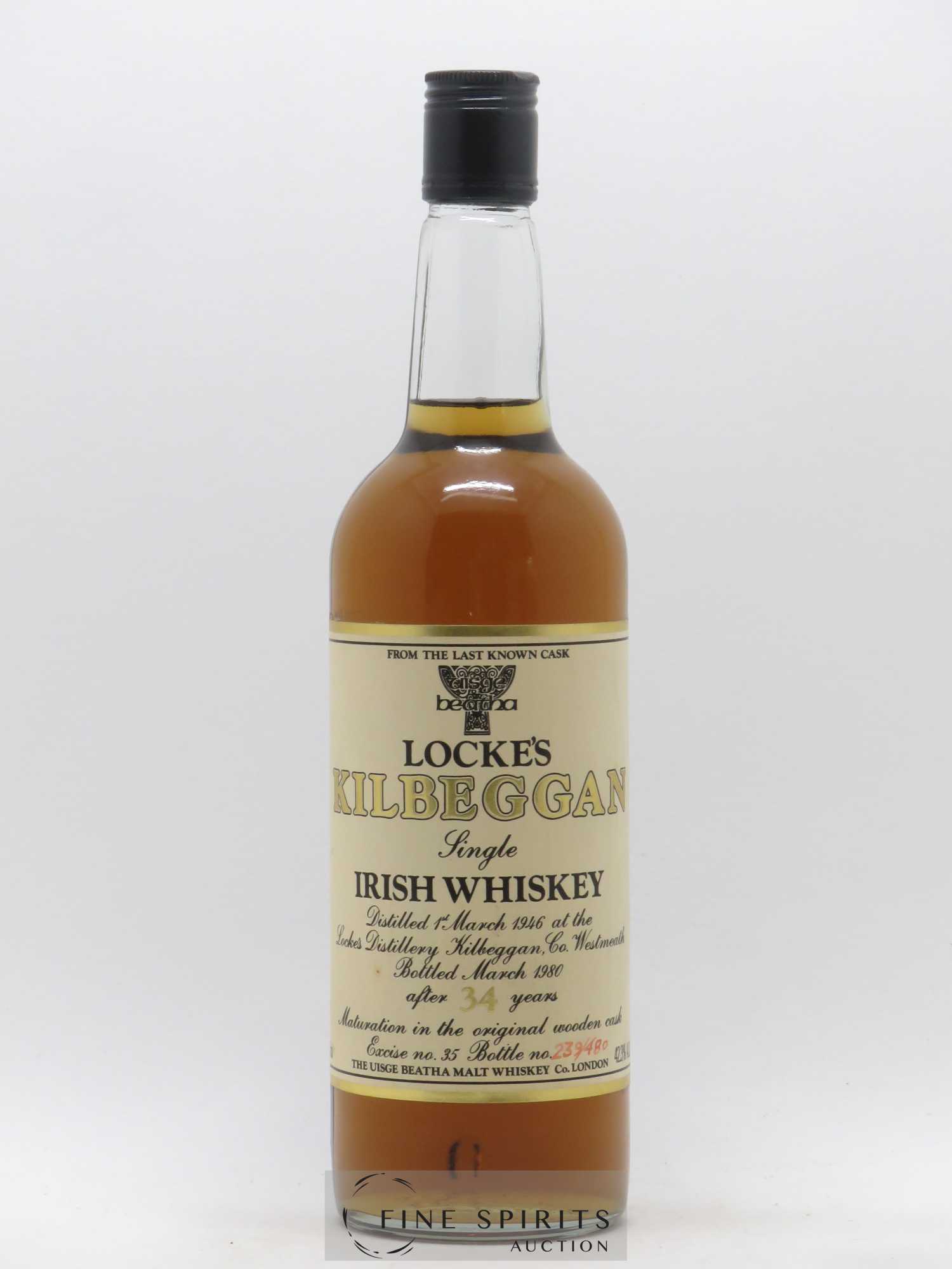 Locke's Kilbeggan 34 years 1946 The Uisge Beatha Malt Whiskey Co. Excise n°35 - One of 480 - bottled 1980 From the last known Cask - Lot of 1 bottle - 1