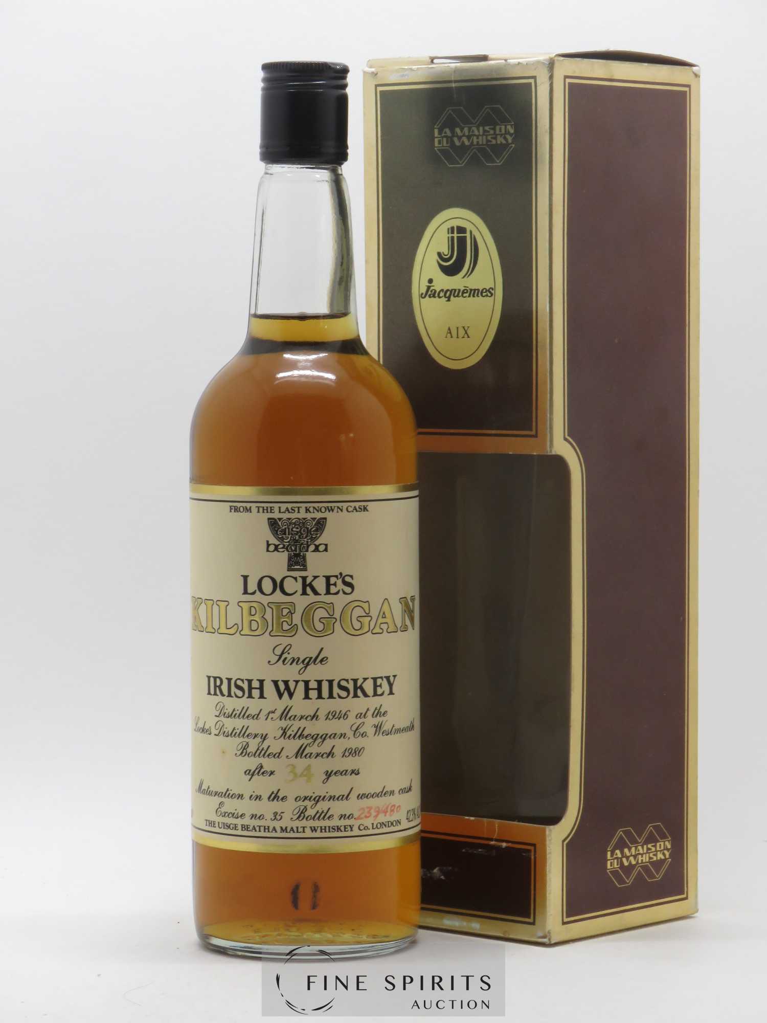 Locke's Kilbeggan 34 years 1946 The Uisge Beatha Malt Whiskey Co. Excise n°35 - One of 480 - bottled 1980 From the last known Cask - Lot of 1 bottle - 0