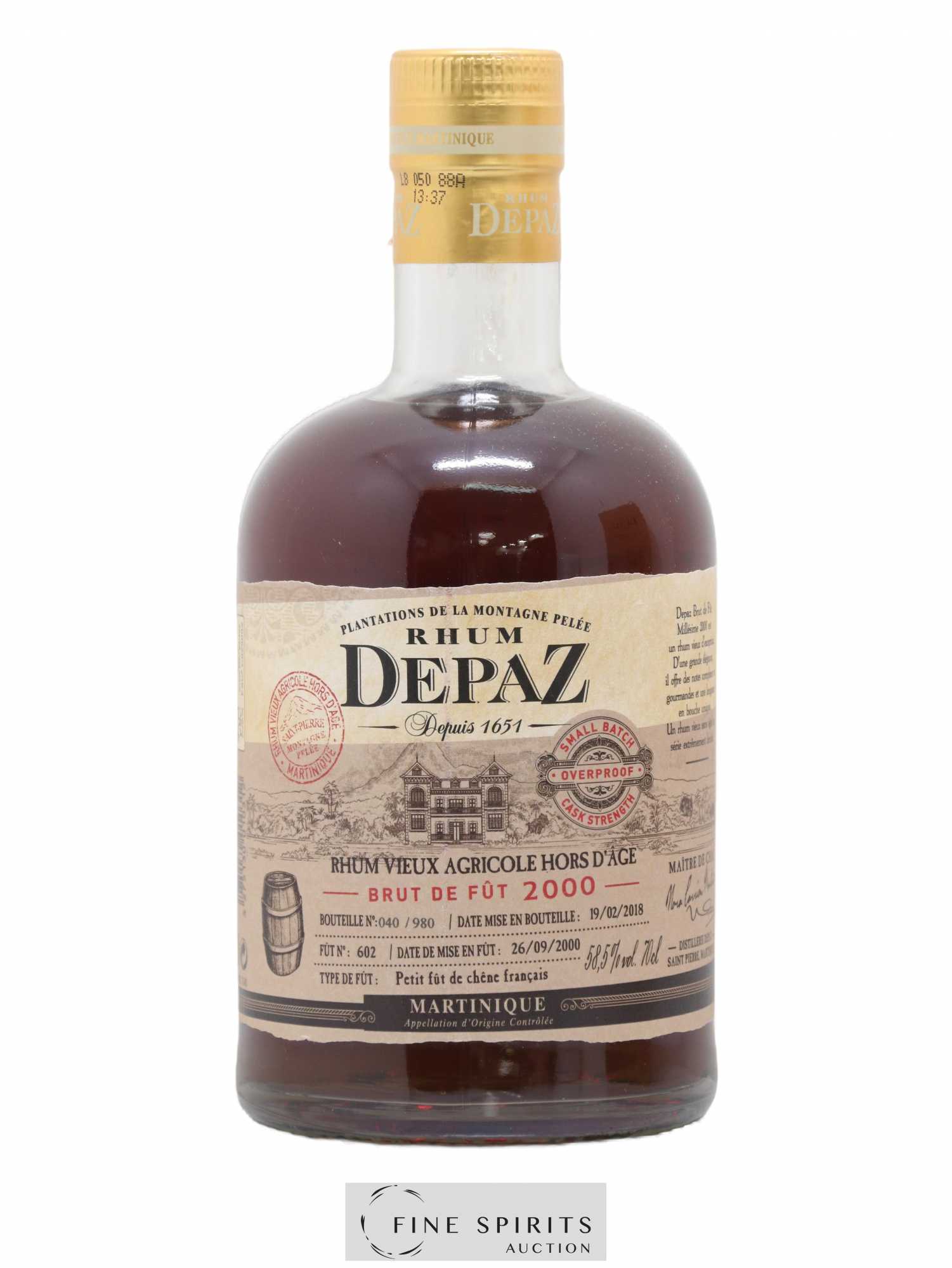 Depaz 2000 Of. Small Batch Fût n° 602 - One of 980 - bottled 2018 - Lot of 1 bottle - 1