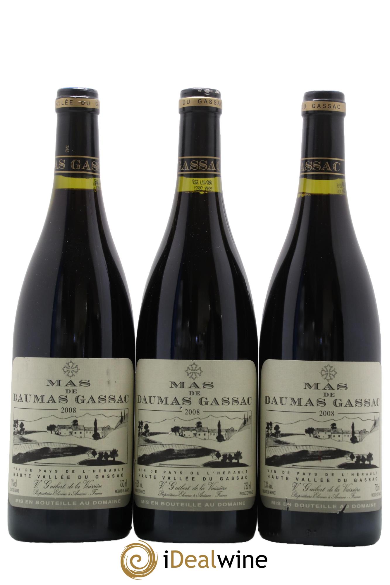 IGP St Guilhem-le-Désert - Cité d'Aniane Mas Daumas Gassac Famille Guibert de La Vaissière 2008 - Lot de 3 bouteilles - 0