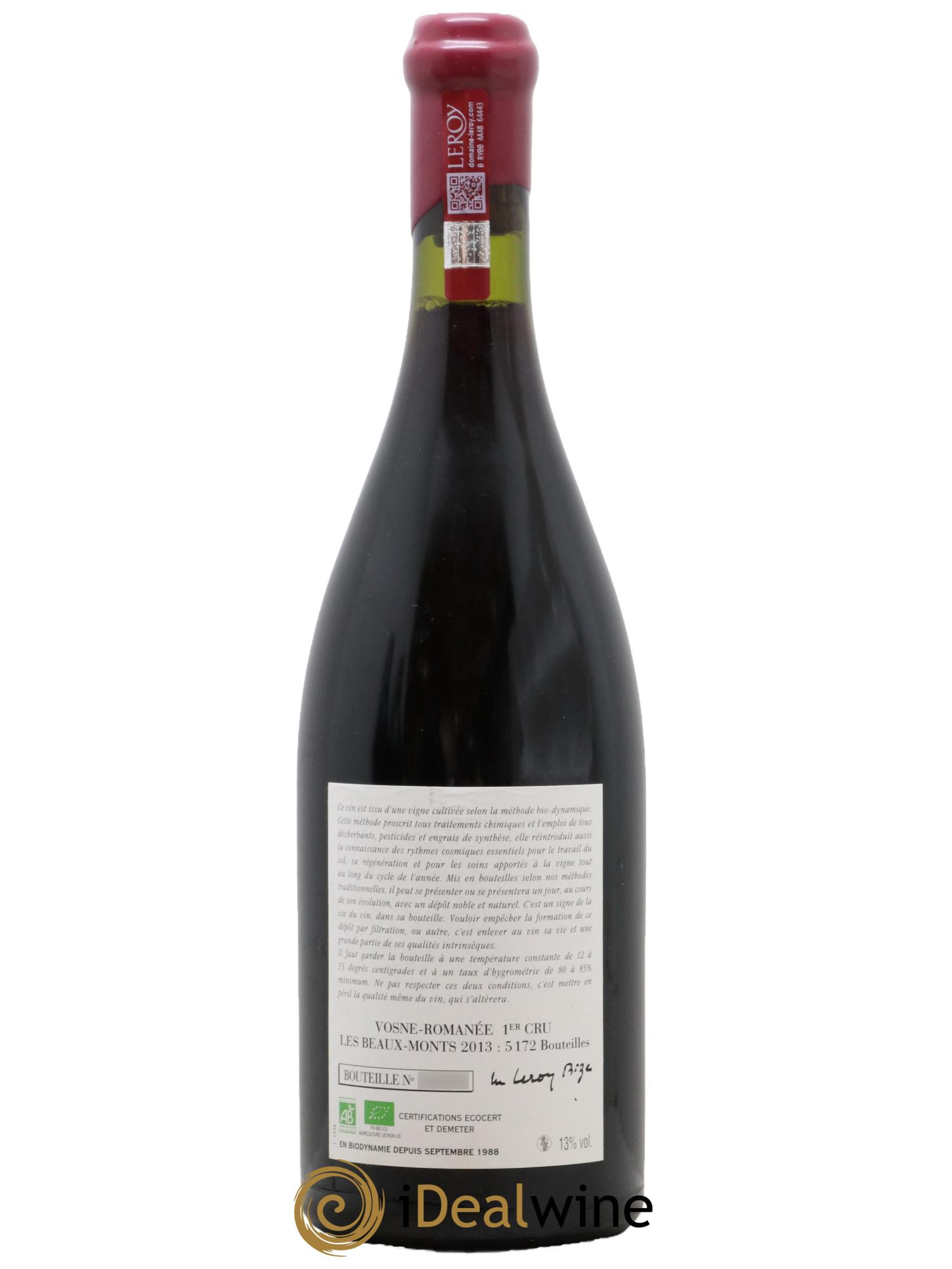 Vosne-Romanée 1er Cru Les Beaux-Monts Leroy (Domaine) 2013 - Lotto di 1 bottiglia - 1