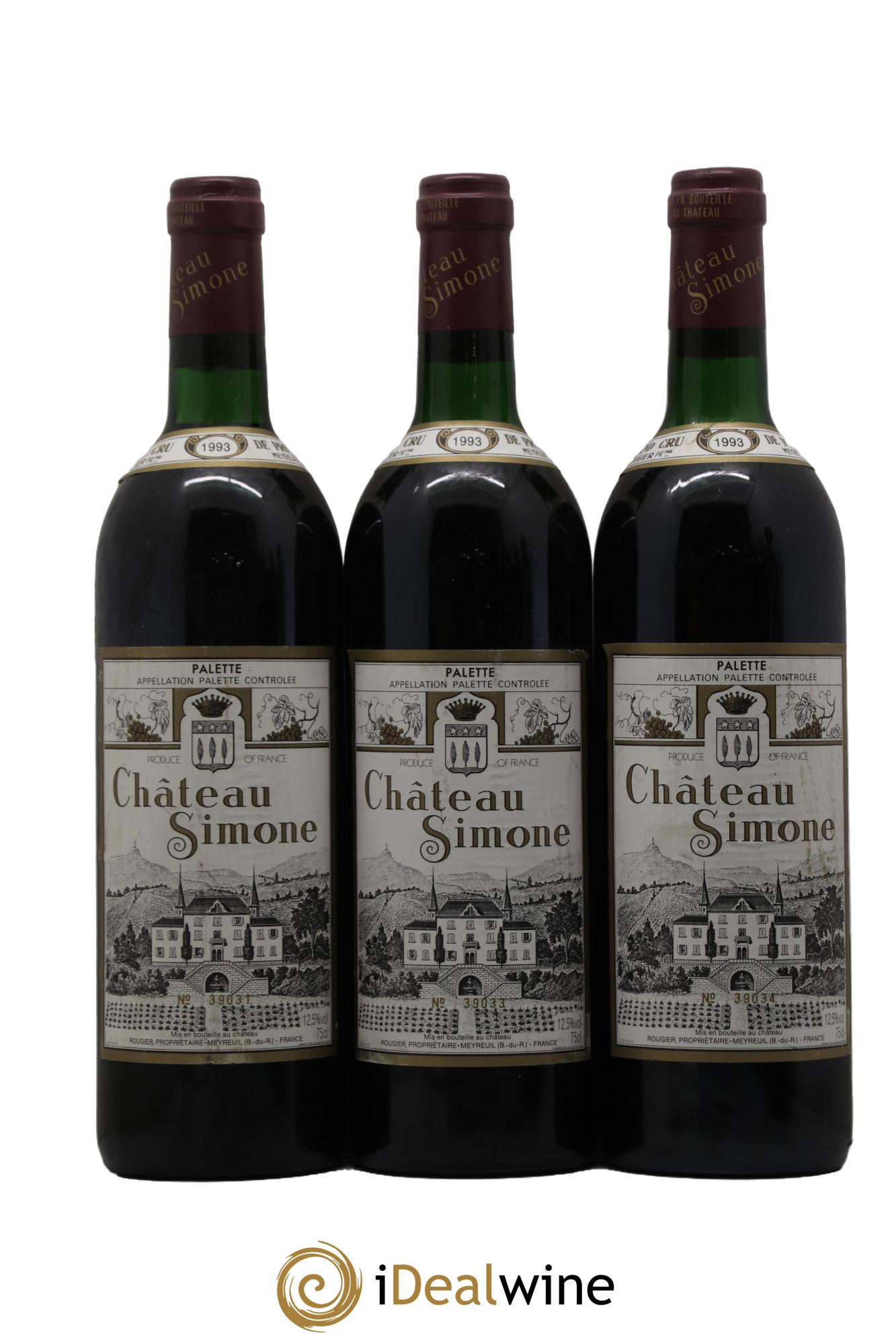 Palette Château Simone Famille Rougier  1993 - Posten von 3 Flaschen - 0