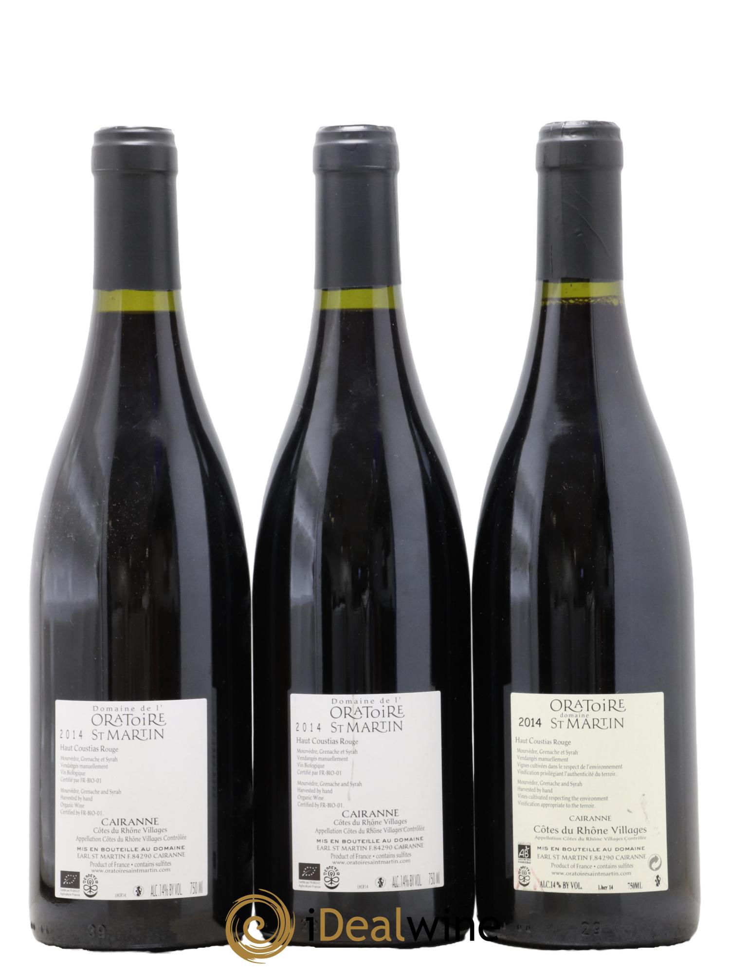 Cairanne Haut-Coustias Oratoire Saint-Martin - Frédéric et François Alary 2014 - Lot de 3 bouteilles - 1