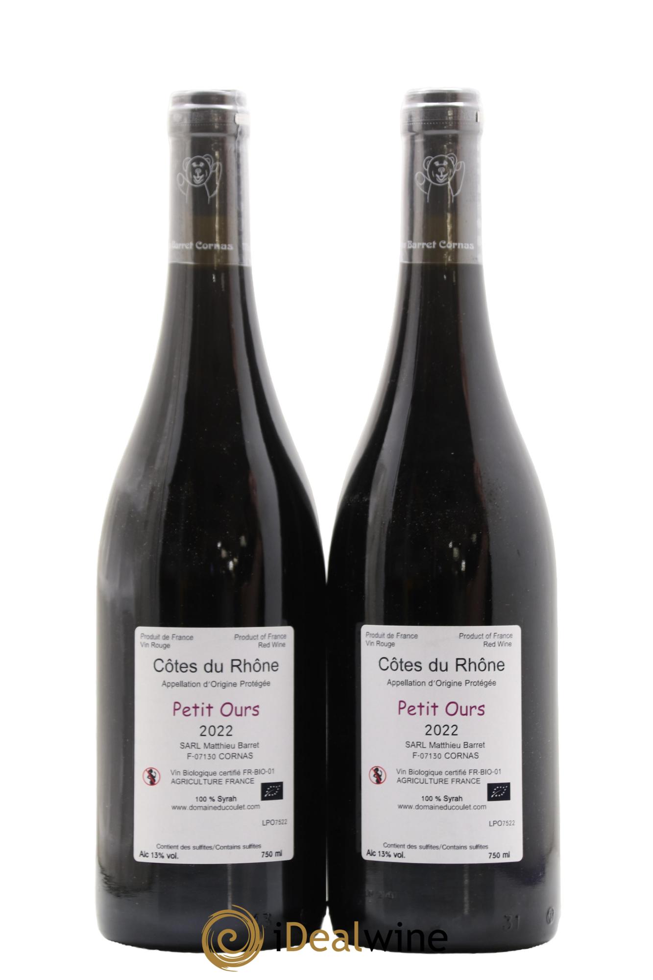 Côtes du Rhône Petit Ours Brun Coulet (Domaine du) - Matthieu Barret  2022 - Lot of 2 bottles - 1