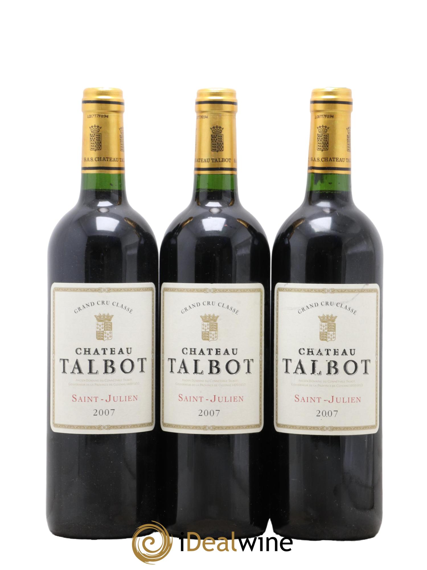 Château Talbot 4ème Grand Cru Classé 2007 - Lotto di 3 bottiglie - 0