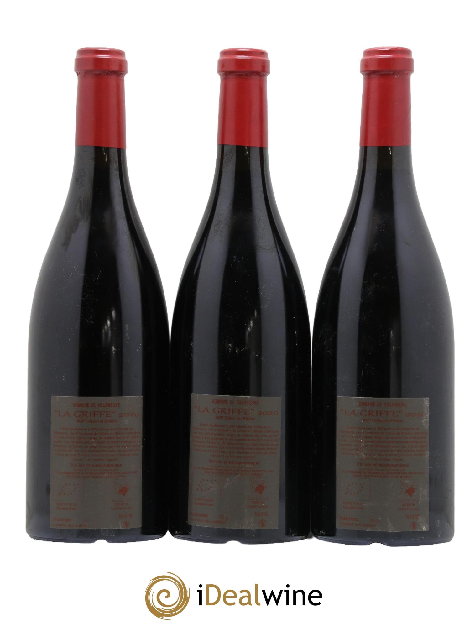 Côtes du Rhône La Griffe Domaine de Villeneuve 2020 - Lot de 3 bouteilles - 1