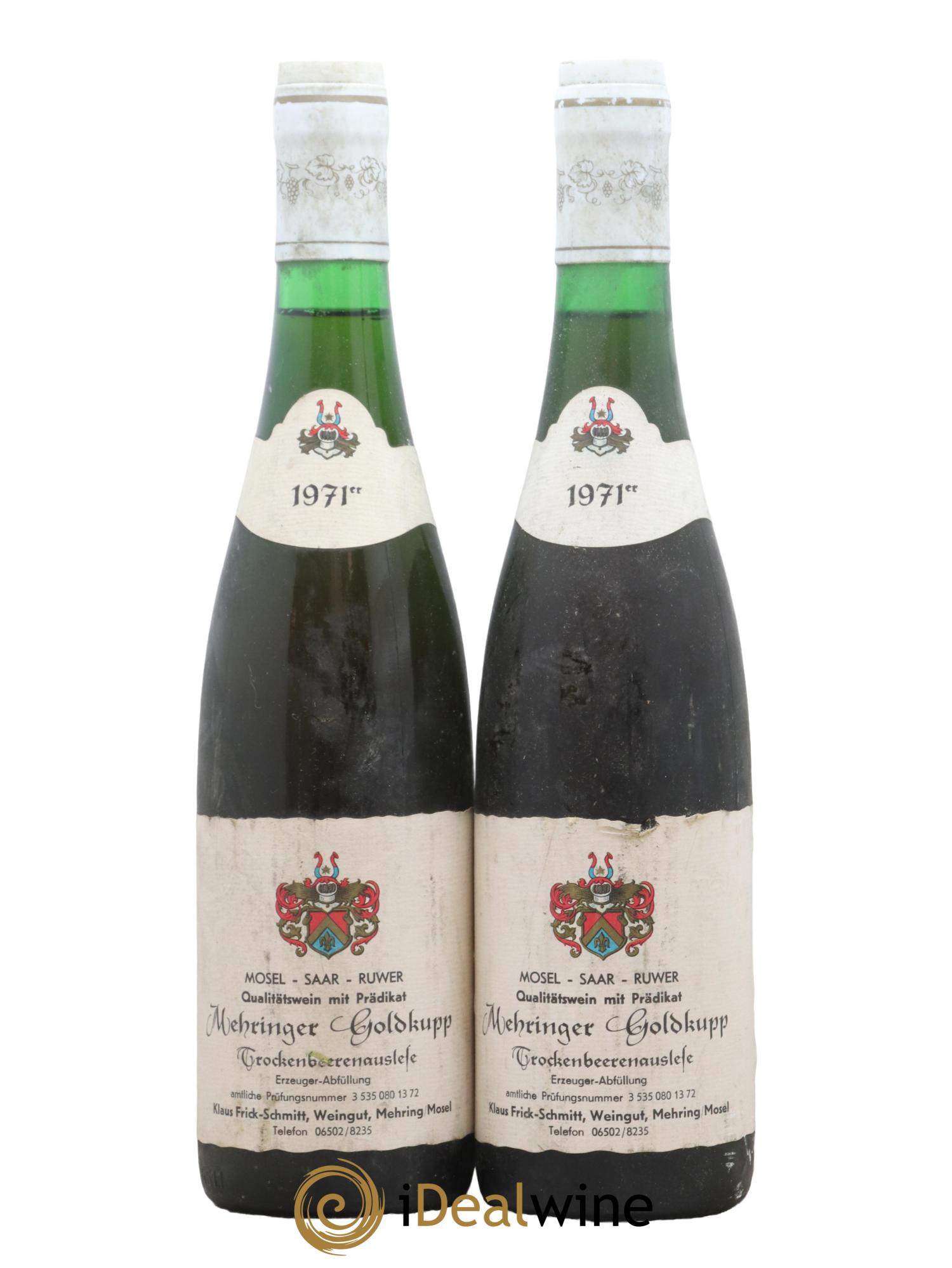 Allemagne Mosel-Saar Trockenbeerenauslese Mehringer Goldkupp Weingut Frick Schmitt 1971 - Lot of 2 bottles - 0