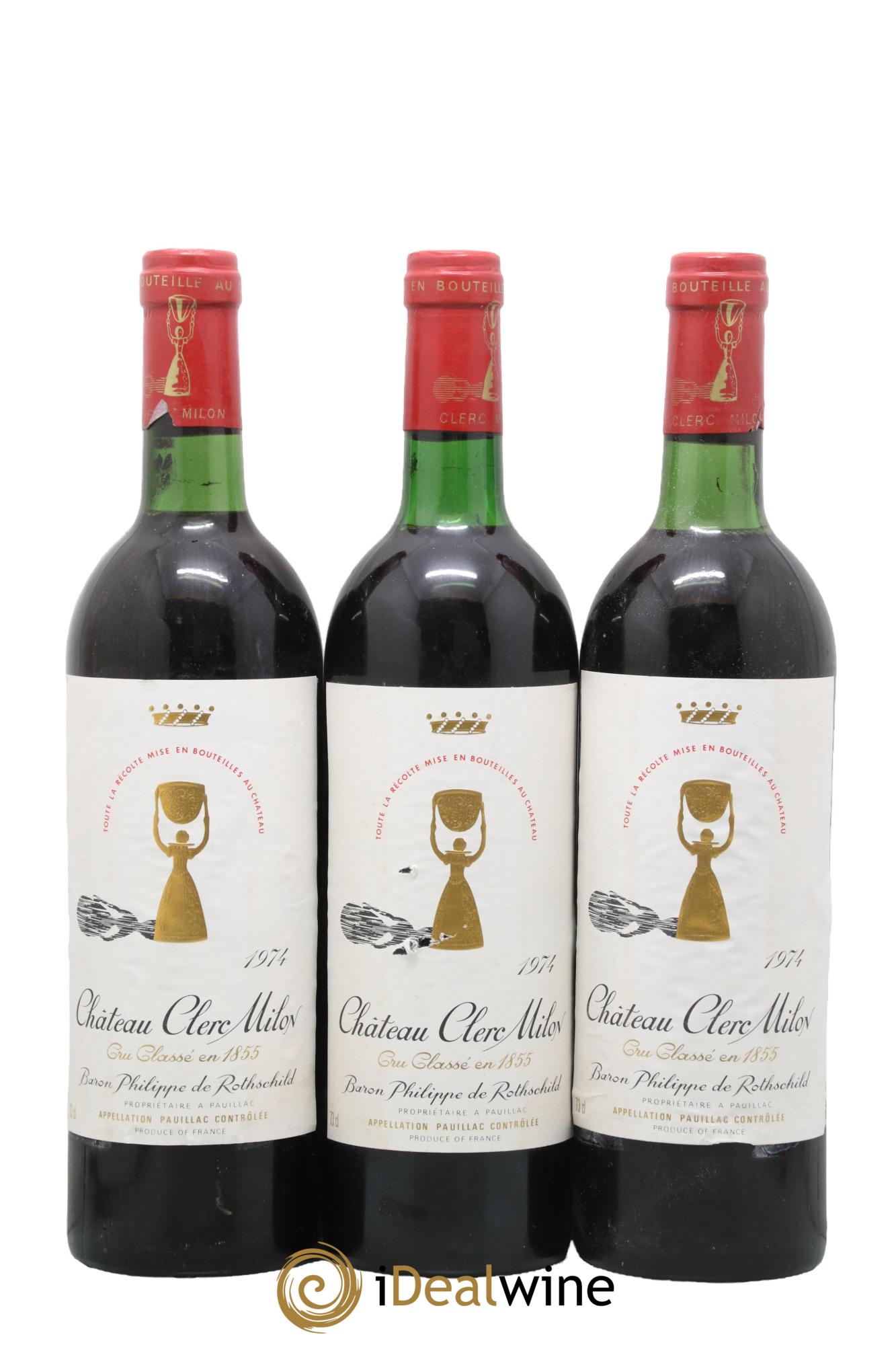 Château Clerc Milon 5ème Grand Cru Classé 1974 - Lot de 3 bouteilles - 0