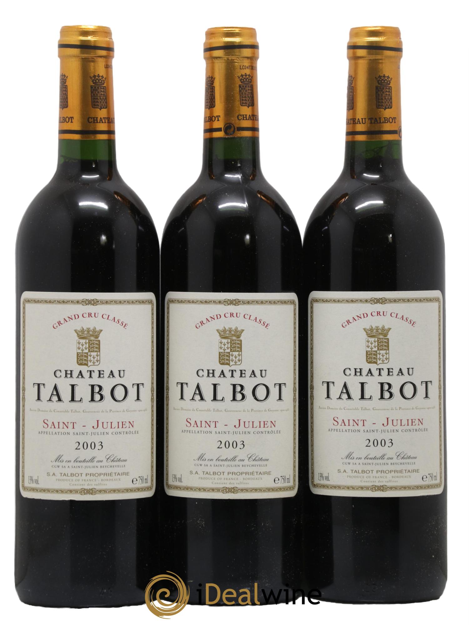 Château Talbot 4ème Grand Cru Classé 2003 - Lotto di 3 bottiglie - 0