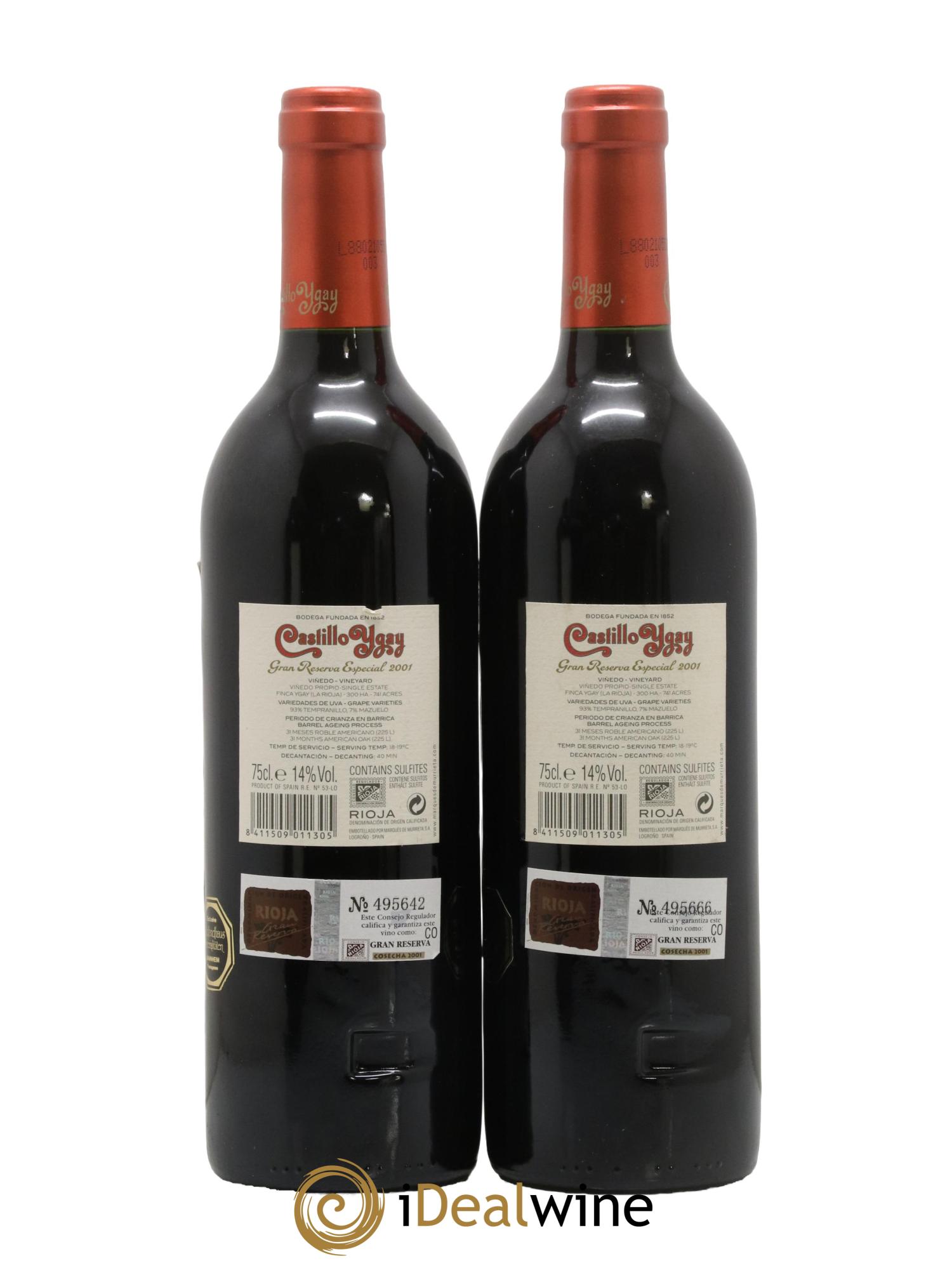 Rioja DOCA Castillo Ygay Gran Reserva Especial Marqués de Murrieta 2001 - Lot de 2 bouteilles - 1