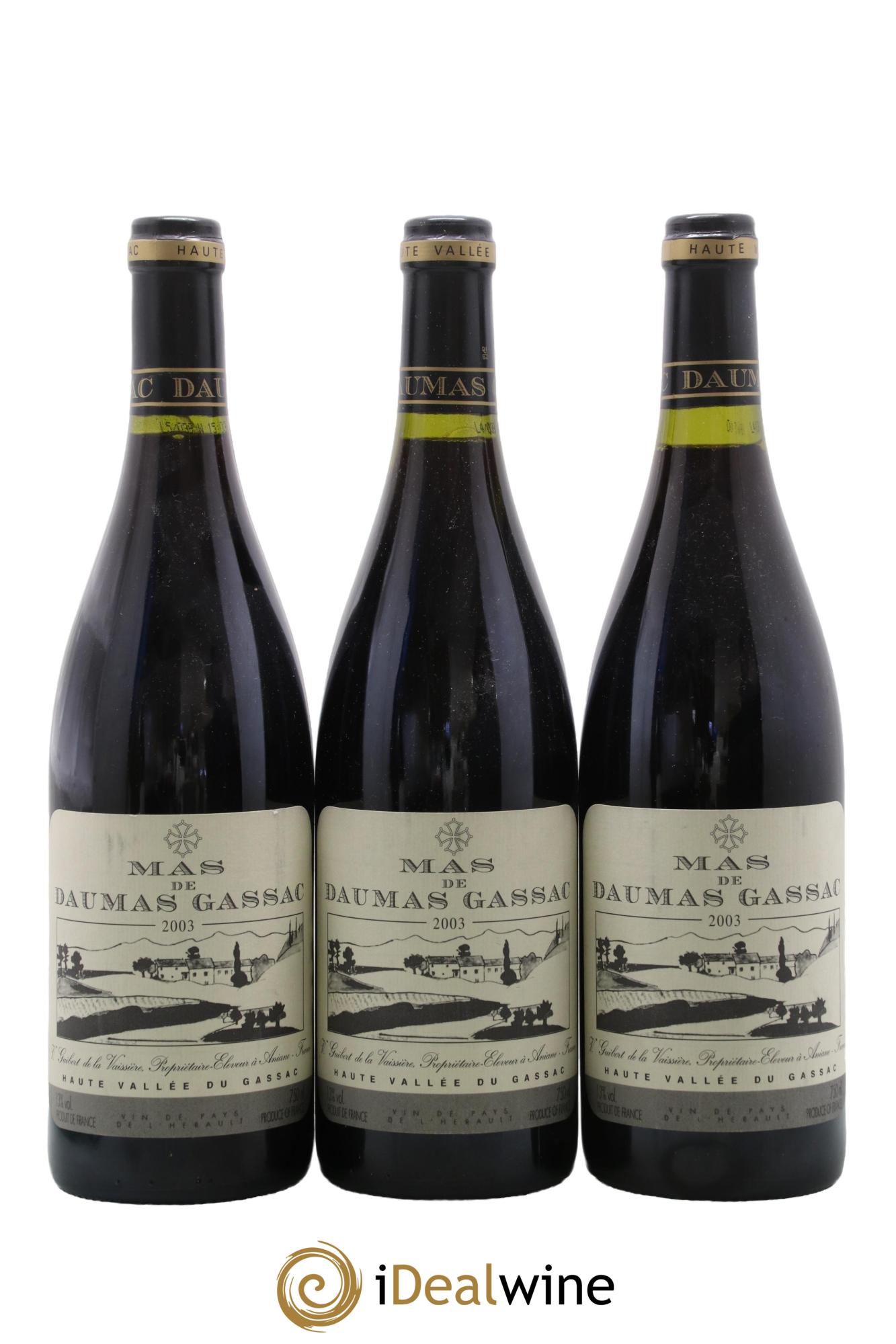 IGP St Guilhem-le-Désert - Cité d'Aniane Mas Daumas Gassac Famille Guibert de La Vaissière 2003 - Lot de 3 bouteilles - 0