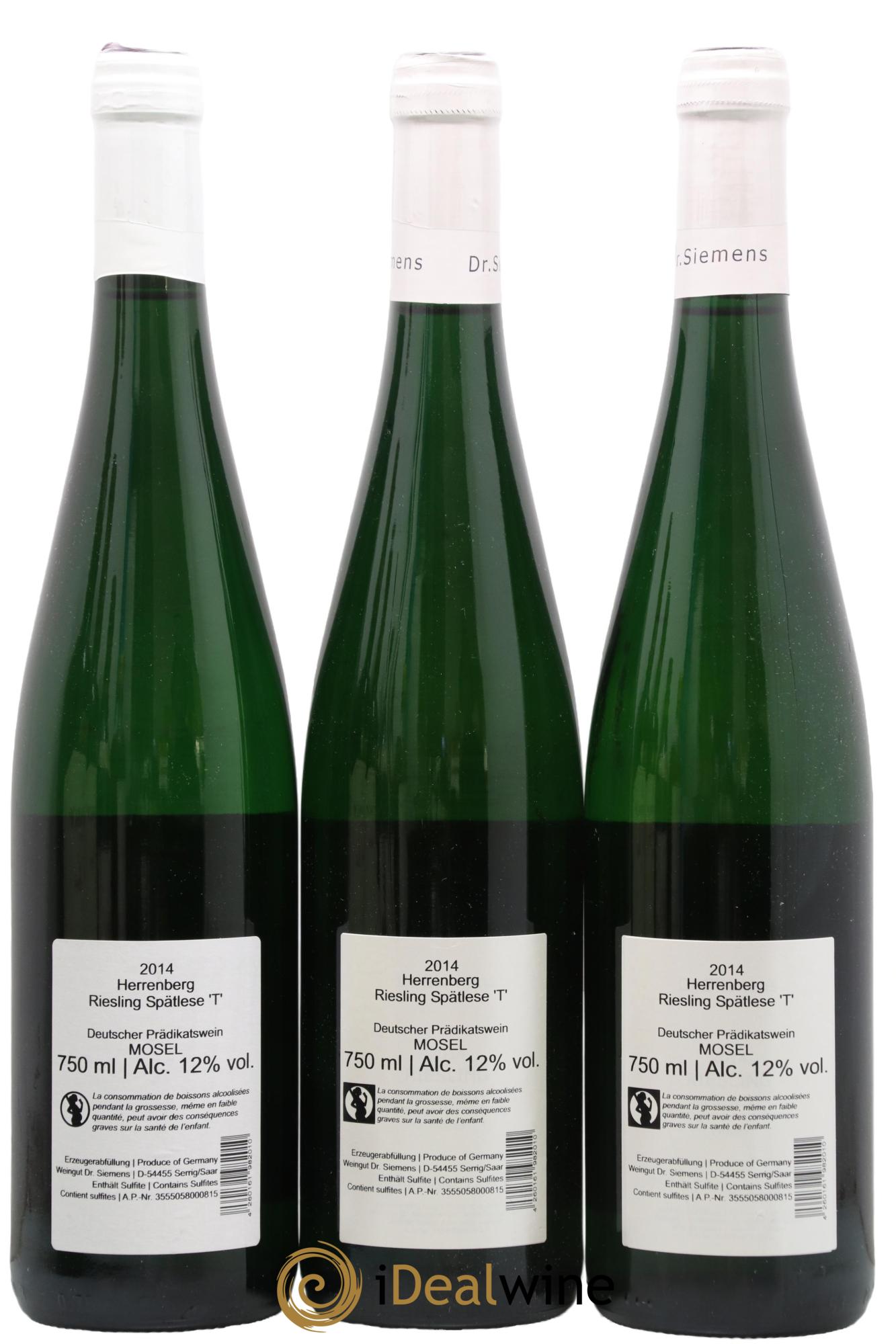 Allemagne Mosel-Saar Riesling Spatlese T Herrenberg Dr Siemens 2014 - Lot de 3 bouteilles - 1