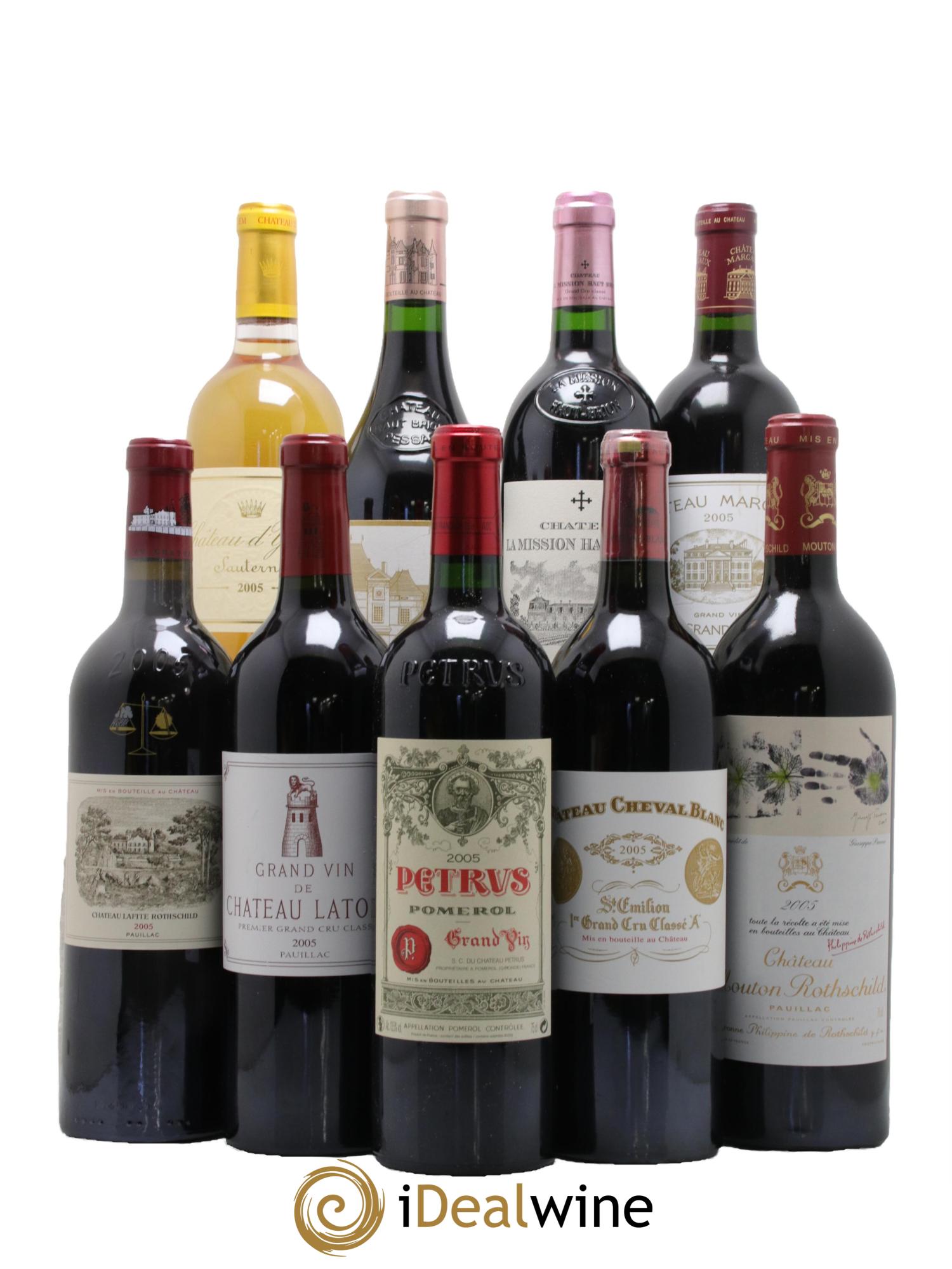 Caisse Duclot Petrus - Lafite Rothschild - Latour - Mouton Rothschild - Cheval Blanc - Margaux - Haut Brion - Mission Haut Brion - Yquem 2005 - Lot of 9 bottles - 0