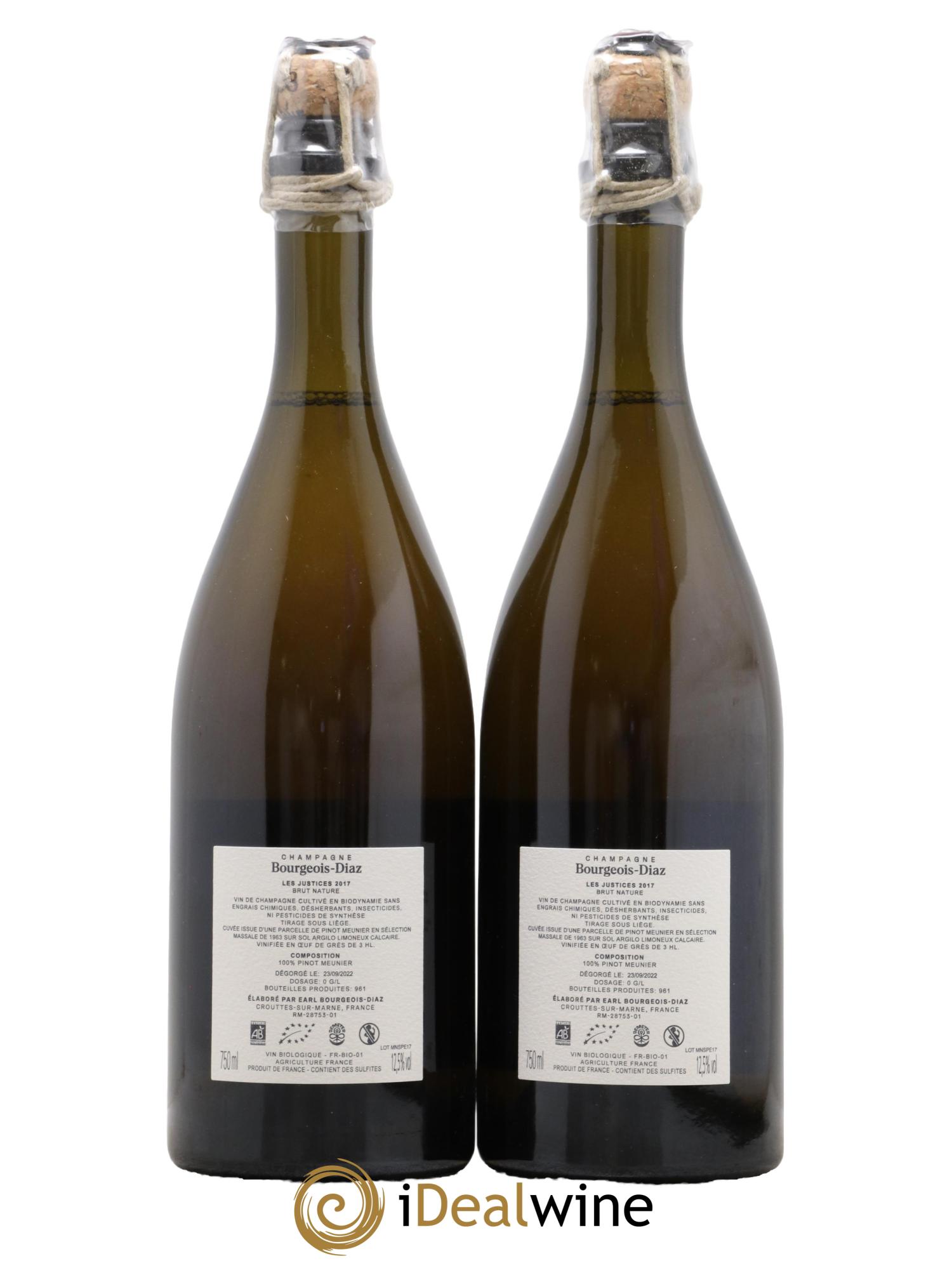 Champagne Les Justices Zéro Dosage Bourgeois-Diaz 2017 - Lot of 2 bottles - 1