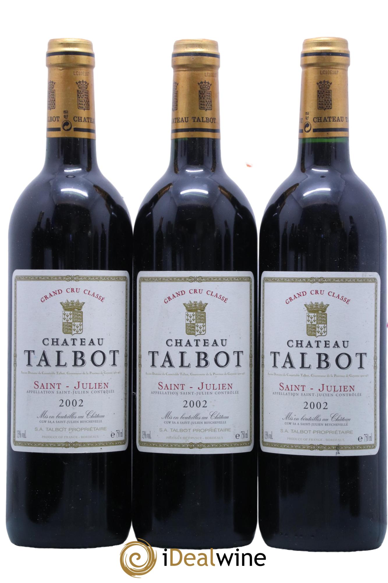 Château Talbot 4ème Grand Cru Classé 2002 - Lot de 3 bouteilles - 0