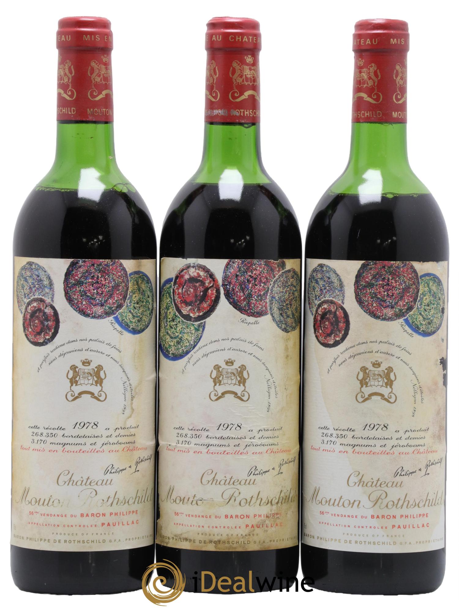 Château Mouton Rothschild 1er Grand Cru Classé 1978 - Lot de 3 bouteilles - 0