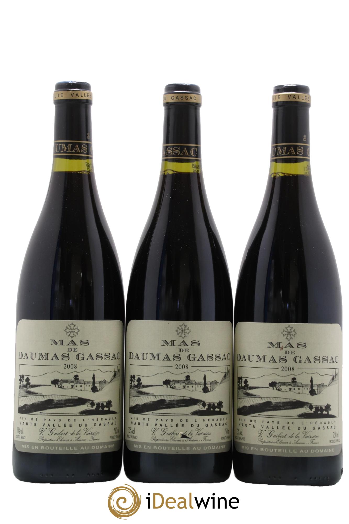 IGP St Guilhem-le-Désert - Cité d'Aniane Mas Daumas Gassac Famille Guibert de La Vaissière 2008 - Lot of 3 bottles - 0