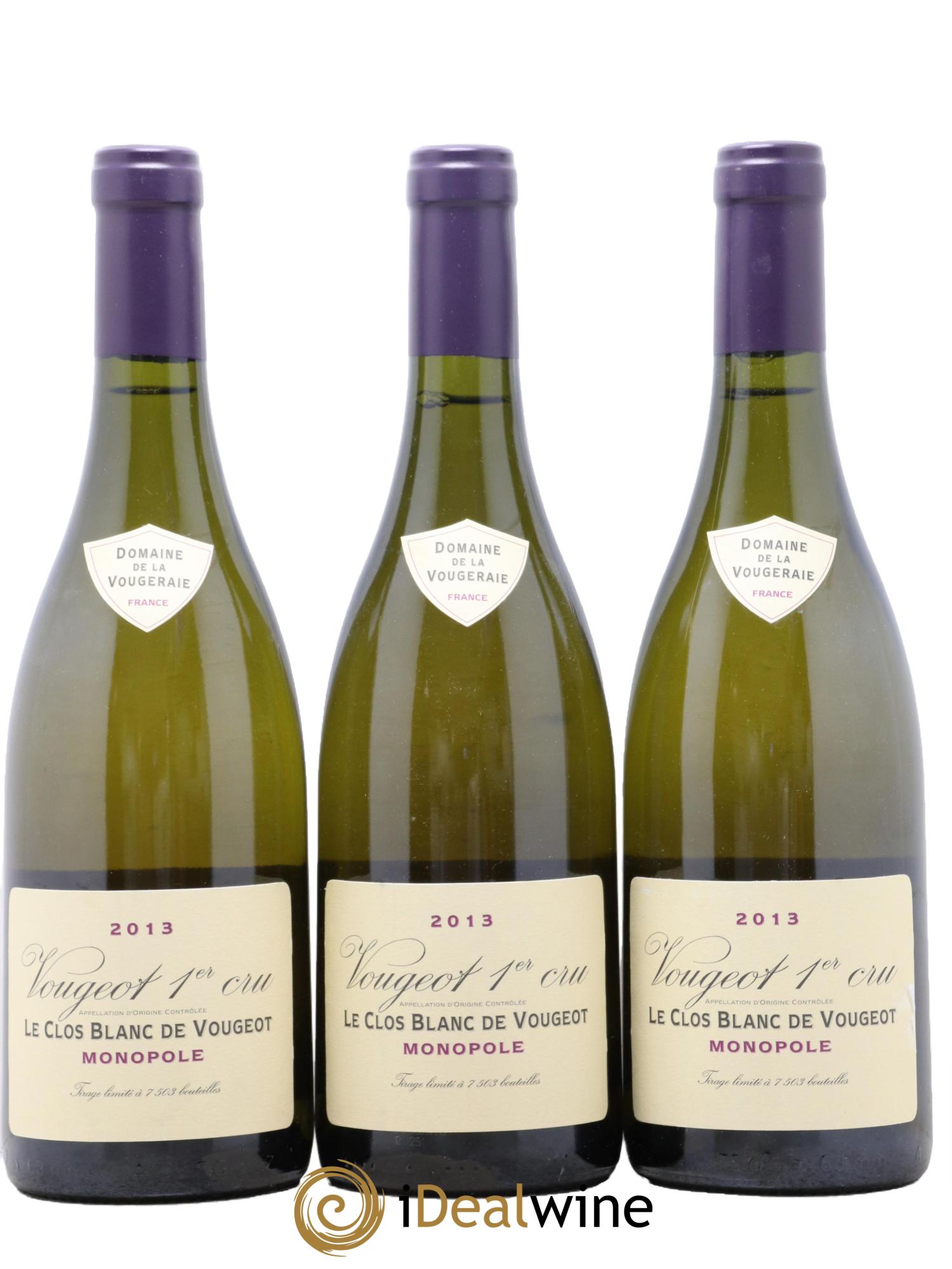 Vougeot 1er Cru Le Clos Blanc De Vougeot Monopole La Vougeraie 2013 - Lot of 3 bottles - 0