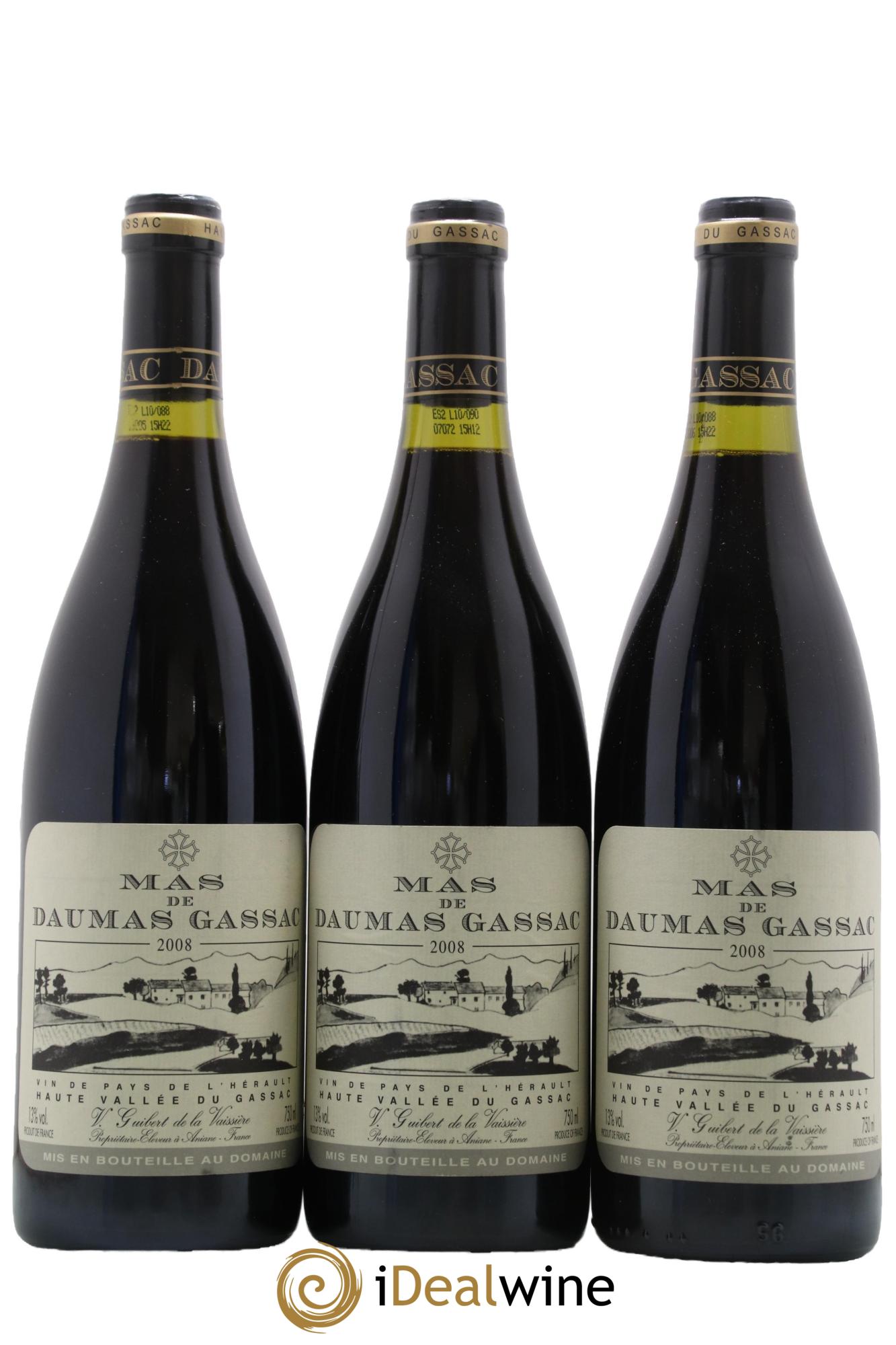 IGP St Guilhem-le-Désert - Cité d'Aniane Mas Daumas Gassac Famille Guibert de La Vaissière 2008 - Lot of 3 bottles - 0