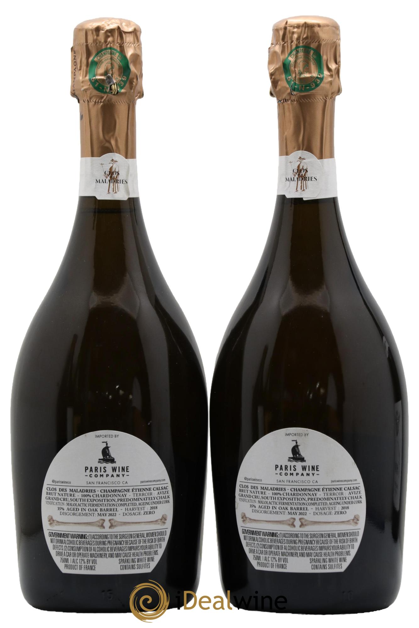 Clos des Maladries Grand Cru Extra Brut Etienne Calsac 2018 - Lot of 2 bottles - 1