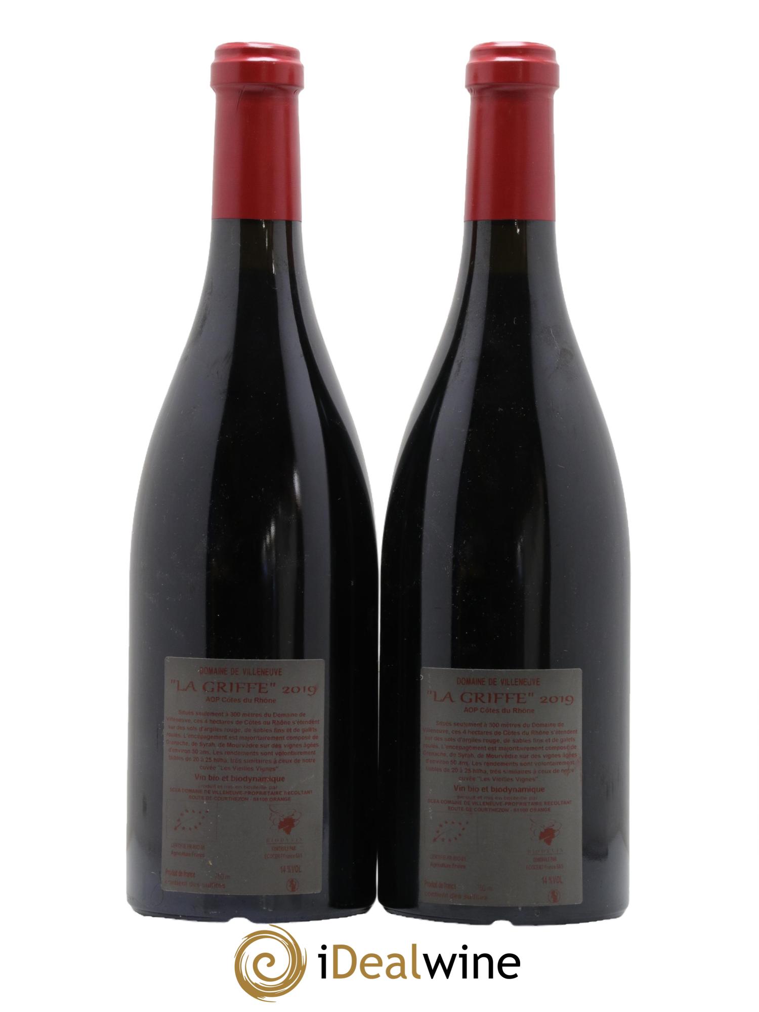 Côtes du Rhône La Griffe Domaine de Villeneuve 2019 - Lot de 2 bouteilles - 1