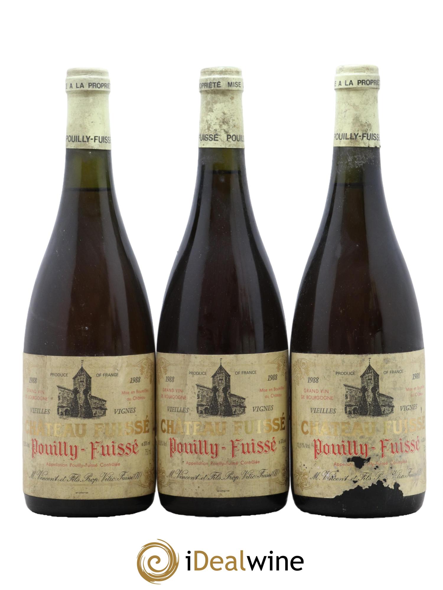 Pouilly-Fuissé J J Vincent Vieilles Vignes Chateau Fuisse 1988 - Lot de 3 bouteilles - 0