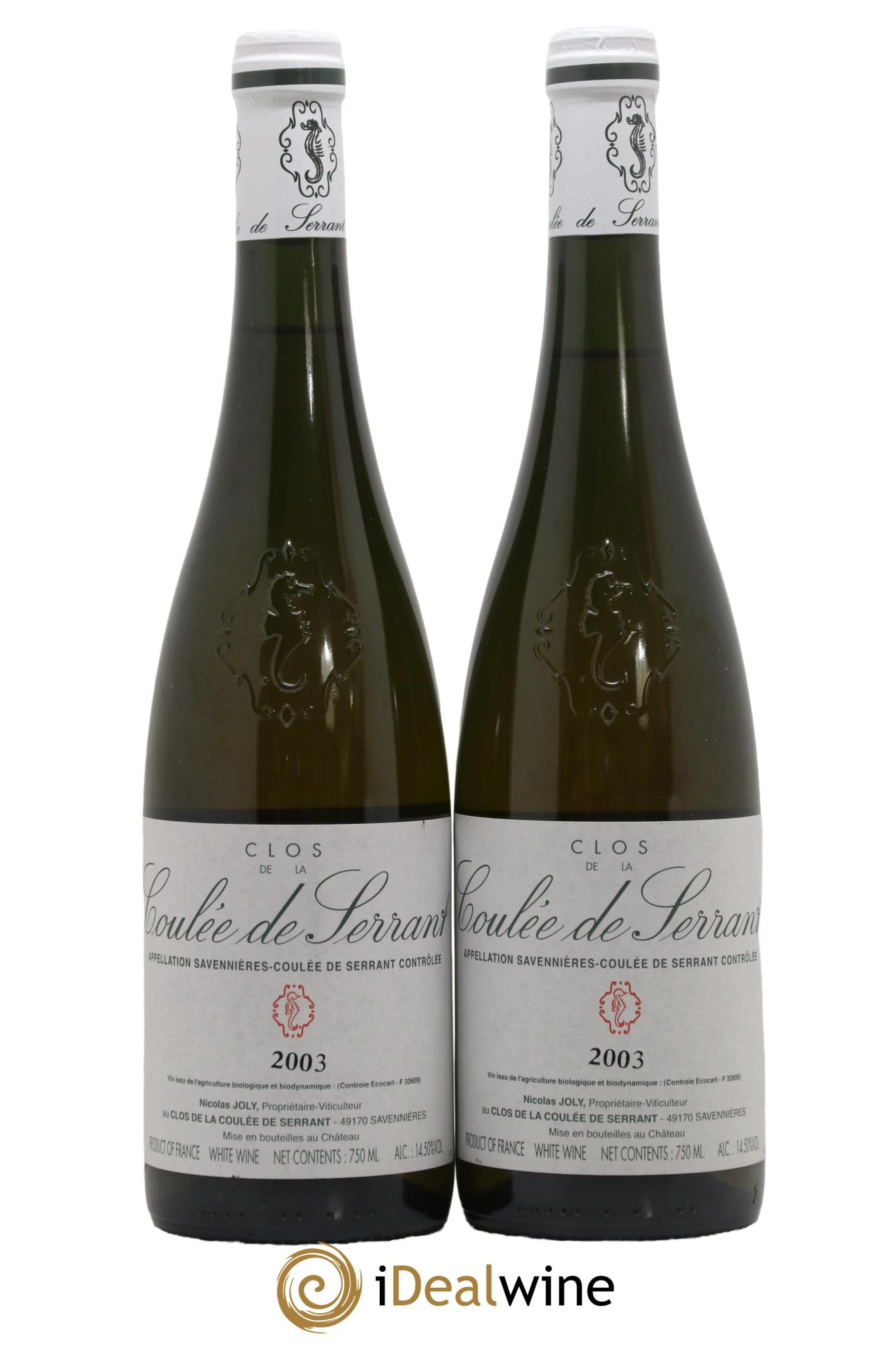 Savennières Clos de la Coulée de Serrant Vignobles de la Coulée de Serrant - Nicolas Joly 2003 - Posten von 2 Flaschen - 0