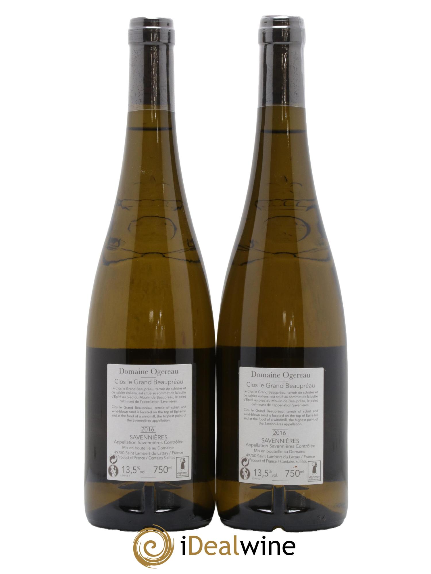 Savennières Clos le Grand Beaupréau Domaine Ogereau 2016 - Lot de 2 bouteilles - 1