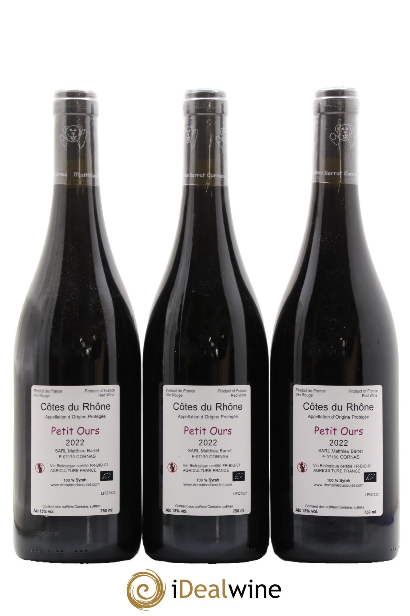 Côtes du Rhône Petit Ours Brun Coulet (Domaine du) - Matthieu Barret  2022 - Posten von 3 Flaschen - 1