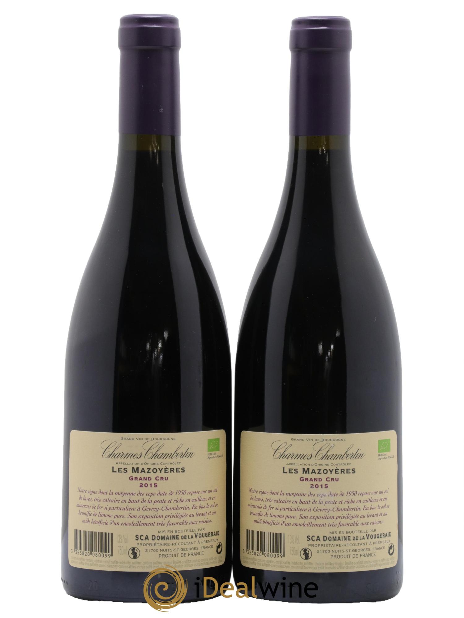 Charmes-Chambertin Grand Cru Les Mazoyères La Vougeraie 2015 - Lot of 2 bottles - 1